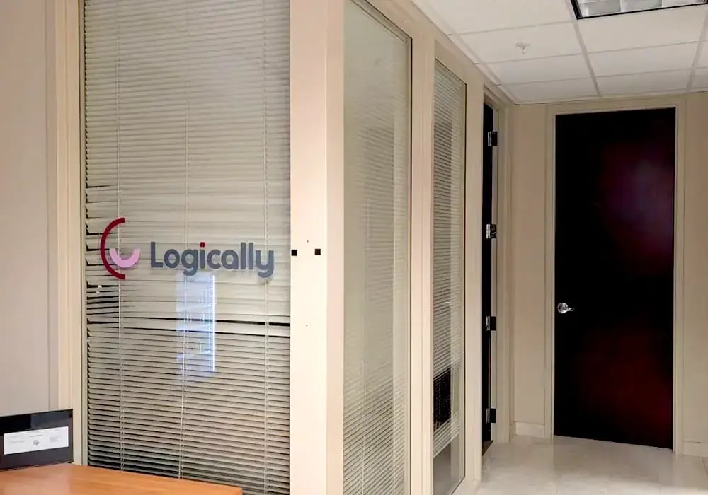 Office corridor with glass walls featuring closed blinds and 