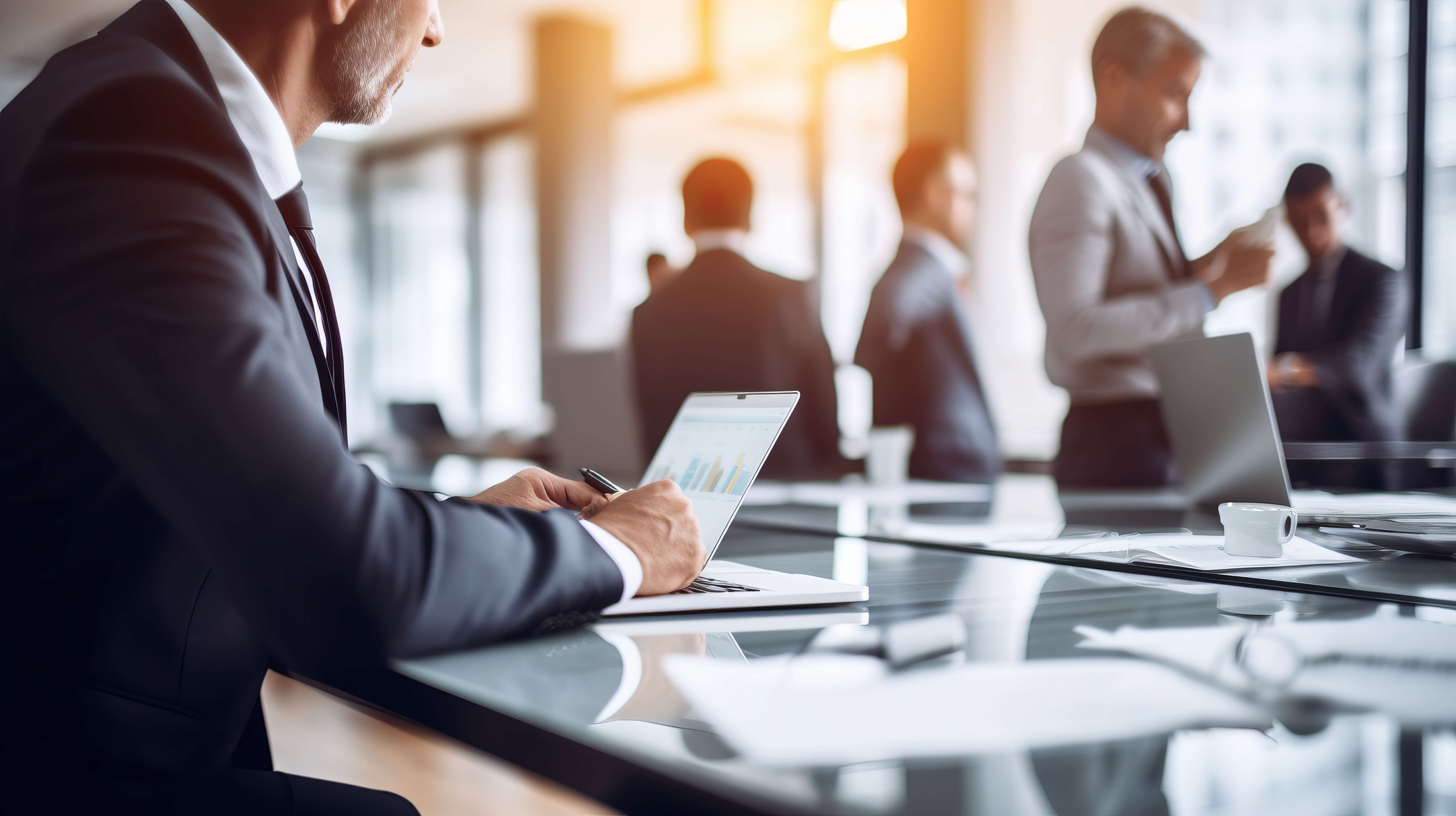 Man sitting at conference room table looking at device screen