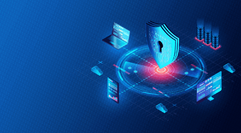 A graphic with icons representing cybersecurity and the cloud, featuring a padlock, a desktop computer, a shield, charts, and digital documents