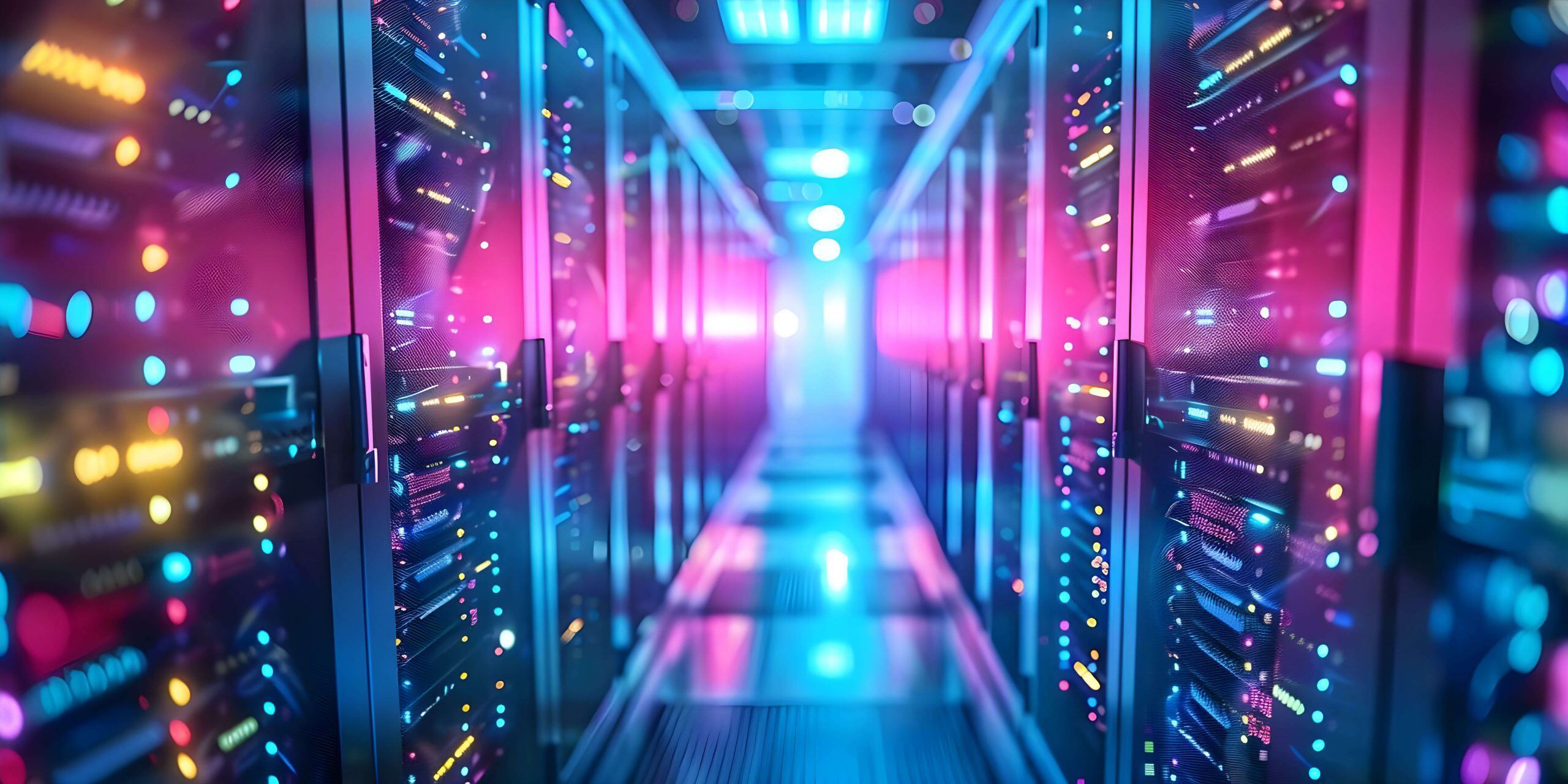 A view inside a data center, showing long aisles of server racks with multicolored lights
