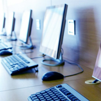 A close-up view of a row of desktop computer monitors and keyboards on a wooden desk